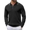imageCOOFANDY Mens Knit Polo Shirt Long Sleeve Quarter Zip Polo Sweater Casual Golf Shirts Vintage Striped Collar PoloAll Black