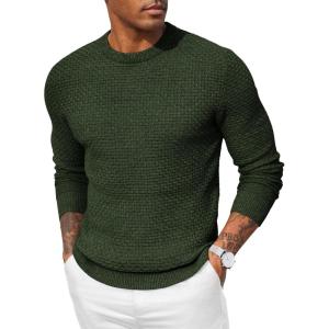 imageCOOFANDY Men Dress Crewneck Sweater Pullover Knit Long Sleeve Casual Slim Fit SweaterArmy Green