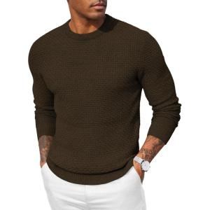 imageCOOFANDY Men Dress Crewneck Sweater Pullover Knit Long Sleeve Casual Slim Fit SweaterBrown