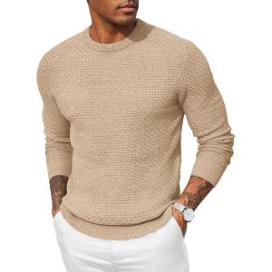 imageCOOFANDY Men Dress Crewneck Sweater Pullover Knit Long Sleeve Casual Slim Fit SweaterCamel
