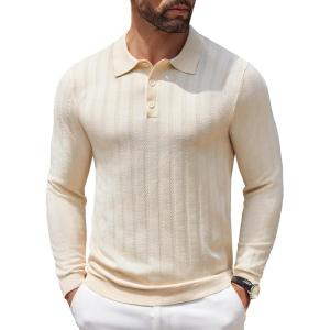imageCOOFANDY Men Knit Long Sleeve Polo Shirts Casual Dress Collared Sweater Pullover Button Down Golf Polo ShirtsBeige