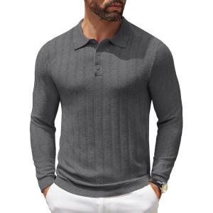 imageCOOFANDY Men Knit Long Sleeve Polo Shirts Casual Dress Collared Sweater Pullover Button Down Golf Polo ShirtsDark Grey