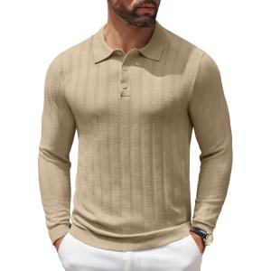 imageCOOFANDY Men Knit Long Sleeve Polo Shirts Casual Dress Collared Sweater Pullover Button Down Golf Polo ShirtsKhaki