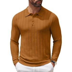 imageCOOFANDY Men Knit Long Sleeve Polo Shirts Casual Dress Collared Sweater Pullover Button Down Golf Polo ShirtsLight Brown