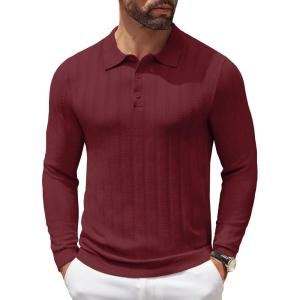 imageCOOFANDY Men Knit Long Sleeve Polo Shirts Casual Dress Collared Sweater Pullover Button Down Golf Polo ShirtsWine Red