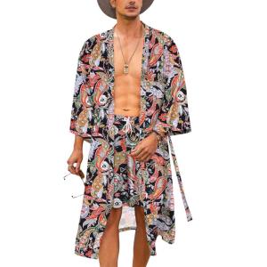 imageCOOFANDY Men Lightweight 2 Piece Kimono Robe with Shorts Japanese Robes Casual Open Front Long Cardigan With BeltBlackpaisley Print
