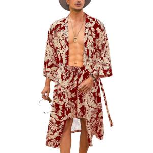 imageCOOFANDY Men Lightweight 2 Piece Kimono Robe with Shorts Japanese Robes Casual Open Front Long Cardigan With BeltRedleaves