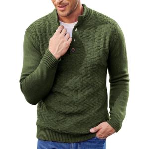 imageCOOFANDY Men Mock Neck Button Sweater Casual Knitted Sweaters Fashion Henley SweaterArmy Green