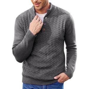 imageCOOFANDY Men Mock Neck Button Sweater Casual Knitted Sweaters Fashion Henley SweaterDark Gray