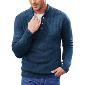 imageCOOFANDY Men Mock Neck Button Sweater Casual Knitted Sweaters Fashion Henley SweaterDeep Blue