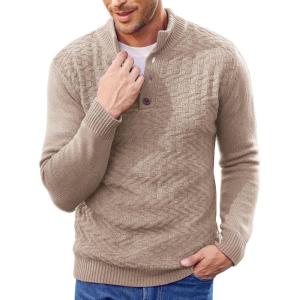 imageCOOFANDY Men Mock Neck Button Sweater Casual Knitted Sweaters Fashion Henley SweaterKhaki