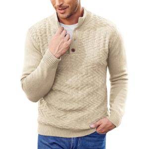 imageCOOFANDY Men Mock Neck Button Sweater Casual Knitted Sweaters Fashion Henley SweaterLight Khaki