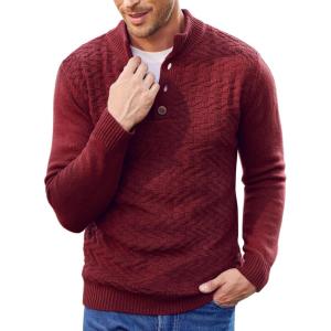 imageCOOFANDY Men Mock Neck Button Sweater Casual Knitted Sweaters Fashion Henley SweaterWine Red