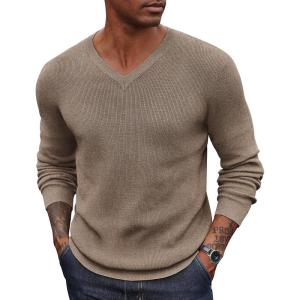 imageCOOFANDY Men V Neck Dress Sweater Knit Long Sleeve Casual Slim Fit Pullover SweaterDark Khaki