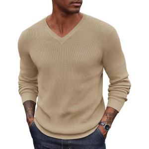 imageCOOFANDY Men V Neck Dress Sweater Knit Long Sleeve Casual Slim Fit Pullover SweaterKhaki