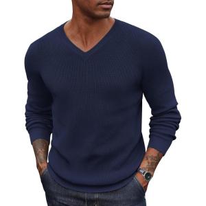 imageCOOFANDY Men V Neck Dress Sweater Knit Long Sleeve Casual Slim Fit Pullover SweaterNavy Blue