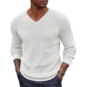 imageCOOFANDY Men V Neck Dress Sweater Knit Long Sleeve Casual Slim Fit Pullover SweaterWhite