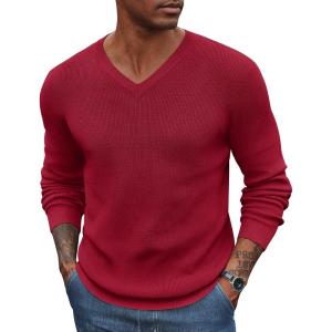imageCOOFANDY Men V Neck Dress Sweater Knit Long Sleeve Casual Slim Fit Pullover SweaterWine Red