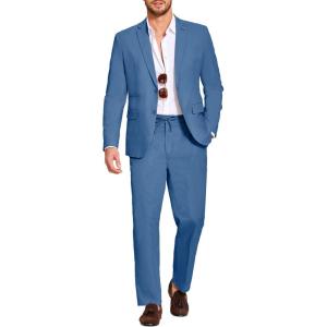 imageCOOFANDY Mens 2 Piece Linen Suits Set Regular Fit Casual Lightweight Blazer Jacket and PantsBlue