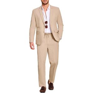 imageCOOFANDY Mens 2 Piece Linen Suits Set Regular Fit Casual Lightweight Blazer Jacket and PantsKhaki