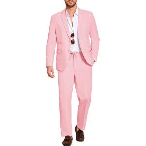imageCOOFANDY Mens 2 Piece Linen Suits Set Regular Fit Casual Lightweight Blazer Jacket and PantsPink