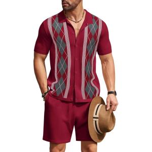 imageCOOFANDY Mens 2 Piece Outfit Vintage Short Sleeve Button Down Knit Polo Shirts Casual Beach Shorts SetsArgylered