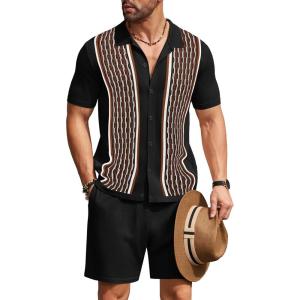 imageCOOFANDY Mens 2 Piece Outfit Vintage Short Sleeve Button Down Knit Polo Shirts Casual Beach Shorts SetsBlack  Brown