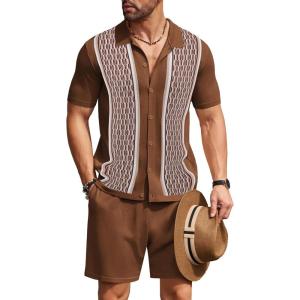 imageCOOFANDY Mens 2 Piece Outfit Vintage Short Sleeve Button Down Knit Polo Shirts Casual Beach Shorts SetsBrown