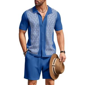 imageCOOFANDY Mens 2 Piece Outfit Vintage Short Sleeve Button Down Knit Polo Shirts Casual Beach Shorts SetsDark Blue