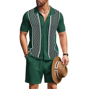 imageCOOFANDY Mens 2 Piece Outfit Vintage Short Sleeve Button Down Knit Polo Shirts Casual Beach Shorts SetsDark Green