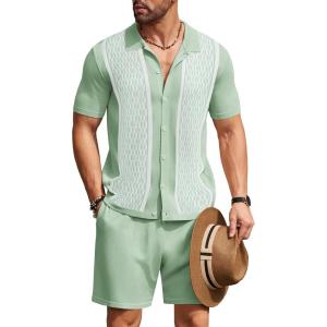 imageCOOFANDY Mens 2 Piece Outfit Vintage Short Sleeve Button Down Knit Polo Shirts Casual Beach Shorts SetsLight Green