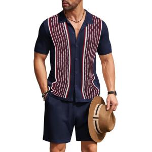 imageCOOFANDY Mens 2 Piece Outfit Vintage Short Sleeve Button Down Knit Polo Shirts Casual Beach Shorts SetsNavy Blue