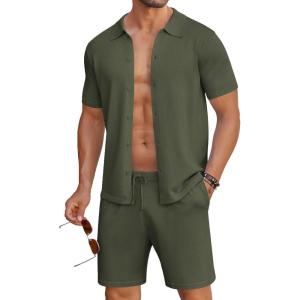 imageCOOFANDY Mens 2 Piece Outfits Sets Casual Short Sleeve Button Down Knit Shirt and Shorts Sets Summer Beach OutfitsArmy Green