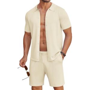 imageCOOFANDY Mens 2 Piece Outfits Sets Casual Short Sleeve Button Down Knit Shirt and Shorts Sets Summer Beach OutfitsBeige