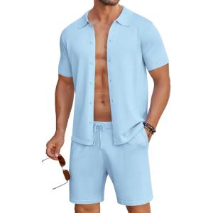 imageCOOFANDY Mens 2 Piece Outfits Sets Casual Short Sleeve Button Down Knit Shirt and Shorts Sets Summer Beach OutfitsBlue
