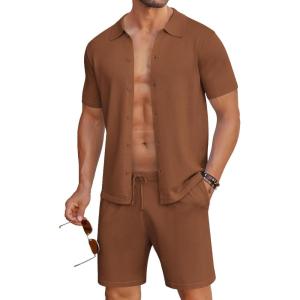 imageCOOFANDY Mens 2 Piece Outfits Sets Casual Short Sleeve Button Down Knit Shirt and Shorts Sets Summer Beach OutfitsBrown