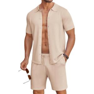 imageCOOFANDY Mens 2 Piece Outfits Sets Casual Short Sleeve Button Down Knit Shirt and Shorts Sets Summer Beach OutfitsKhaki