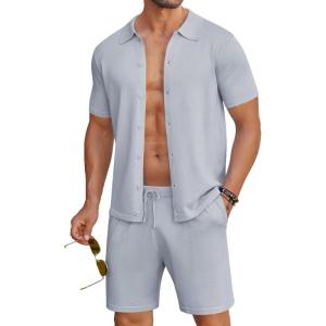 imageCOOFANDY Mens 2 Piece Outfits Sets Casual Short Sleeve Button Down Knit Shirt and Shorts Sets Summer Beach OutfitsLight Grey