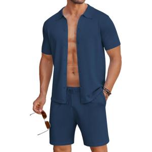 imageCOOFANDY Mens 2 Piece Outfits Sets Casual Short Sleeve Button Down Knit Shirt and Shorts Sets Summer Beach OutfitsNavy Blue