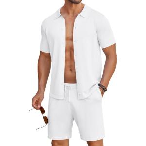 imageCOOFANDY Mens 2 Piece Outfits Sets Casual Short Sleeve Button Down Knit Shirt and Shorts Sets Summer Beach OutfitsWhite