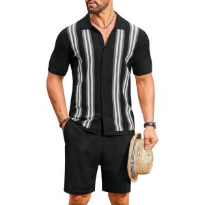 imageCOOFANDY Mens 2 Piece Outfits Summer Short Sets Vintage Knit Button Down Shirt Short Sleeve Polo Casual Beach SuitsBlack