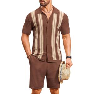 imageCOOFANDY Mens 2 Piece Outfits Summer Short Sets Vintage Knit Button Down Shirt Short Sleeve Polo Casual Beach SuitsBrown