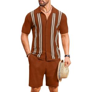imageCOOFANDY Mens 2 Piece Outfits Summer Short Sets Vintage Knit Button Down Shirt Short Sleeve Polo Casual Beach SuitsCaramel
