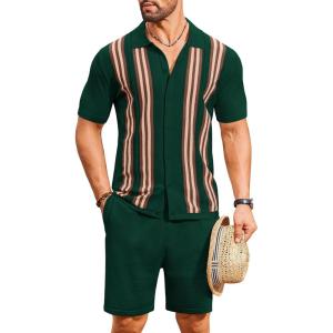 imageCOOFANDY Mens 2 Piece Outfits Summer Short Sets Vintage Knit Button Down Shirt Short Sleeve Polo Casual Beach SuitsDark Green