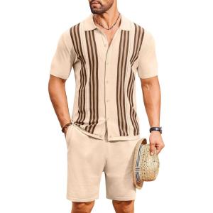 imageCOOFANDY Mens 2 Piece Outfits Summer Short Sets Vintage Knit Button Down Shirt Short Sleeve Polo Casual Beach SuitsLight Khaki
