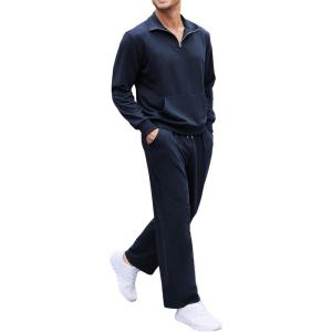 imageCOOFANDY Mens 2 Piece Track Suit Set Jogging Sweatsuit Workout Quarter Zip SuitNavy Blue