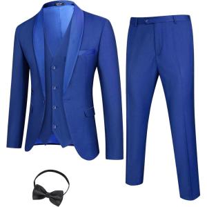 imageCOOFANDY Mens 3 Pieces Suit Slim Fit Tuxedo Set One Button Shawl Lapel Dinner Prom Jacket Vest Pants with TieBlue