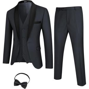 imageCOOFANDY Mens 3 Pieces Suit Slim Fit Tuxedo Set One Button Shawl Lapel Dinner Prom Jacket Vest Pants with TieDgreyBlack