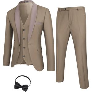 imageCOOFANDY Mens 3 Pieces Suit Slim Fit Tuxedo Set One Button Shawl Lapel Dinner Prom Jacket Vest Pants with TieKhaki