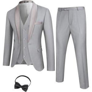 imageCOOFANDY Mens 3 Pieces Suit Slim Fit Tuxedo Set One Button Shawl Lapel Dinner Prom Jacket Vest Pants with TieLight Grey